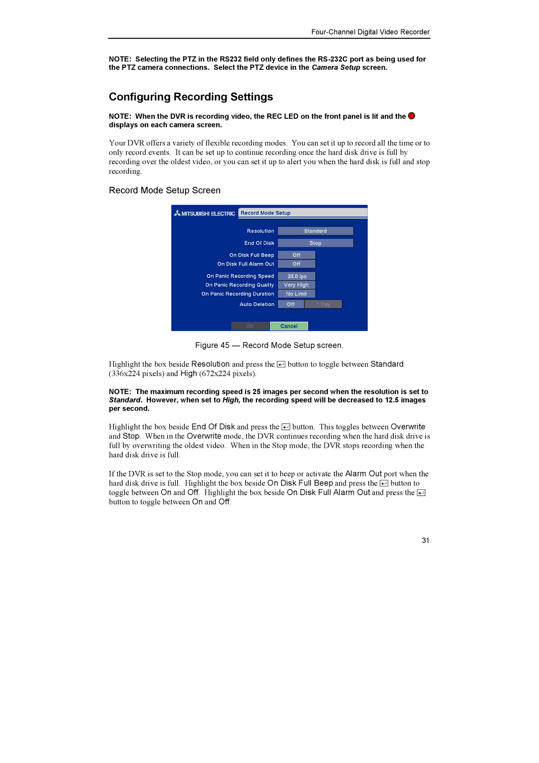 Epson DX-TL4E manual Configuring Recording Settings, Record Mode Setup Screen 