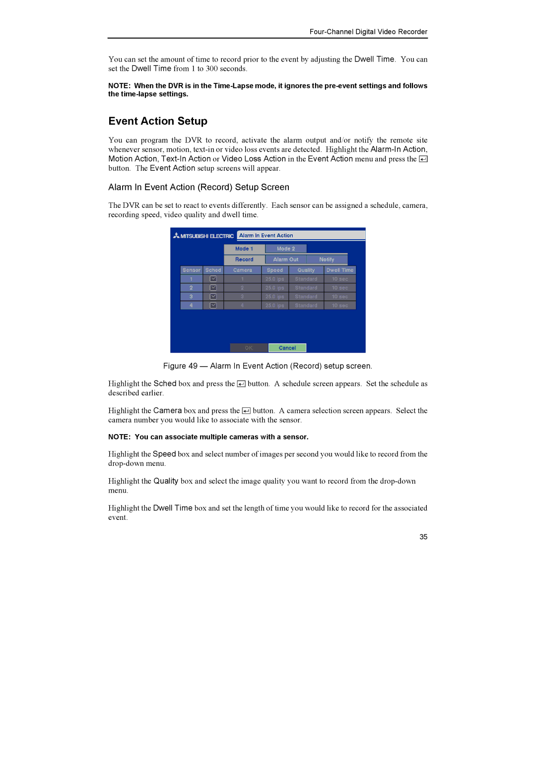 Epson DX-TL4E manual Event Action Setup, Alarm In Event Action Record Setup Screen 