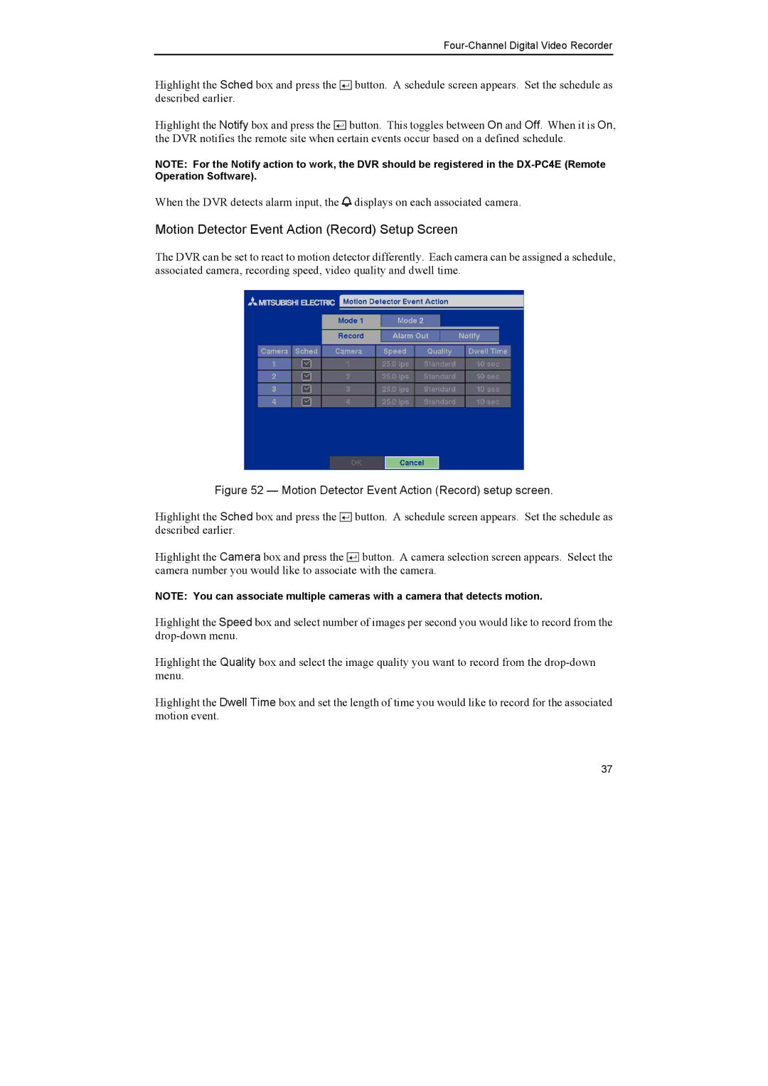 Epson DX-TL4E manual Motion Detector Event Action Record setup screen 