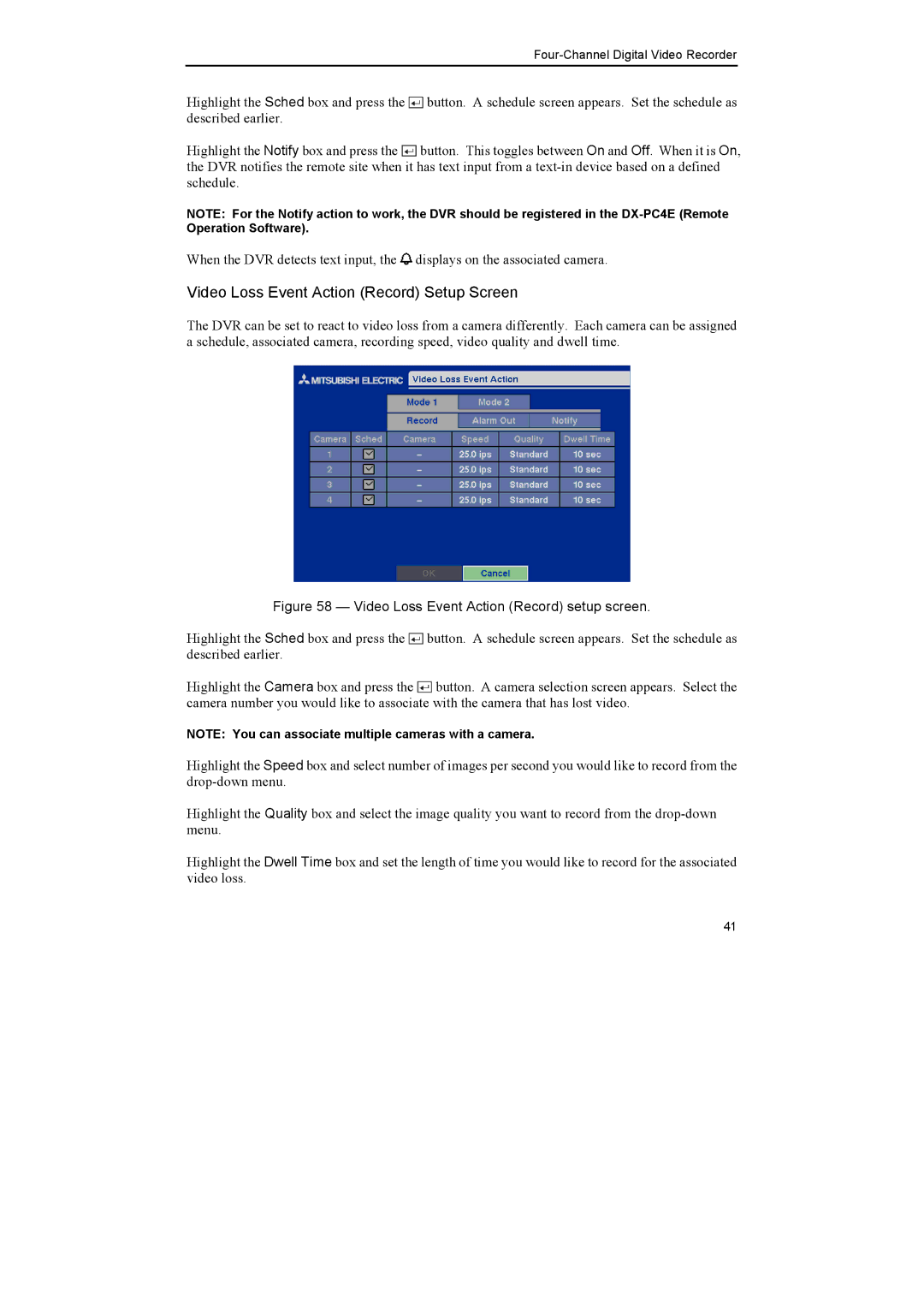 Epson DX-TL4E manual Video Loss Event Action Record setup screen 