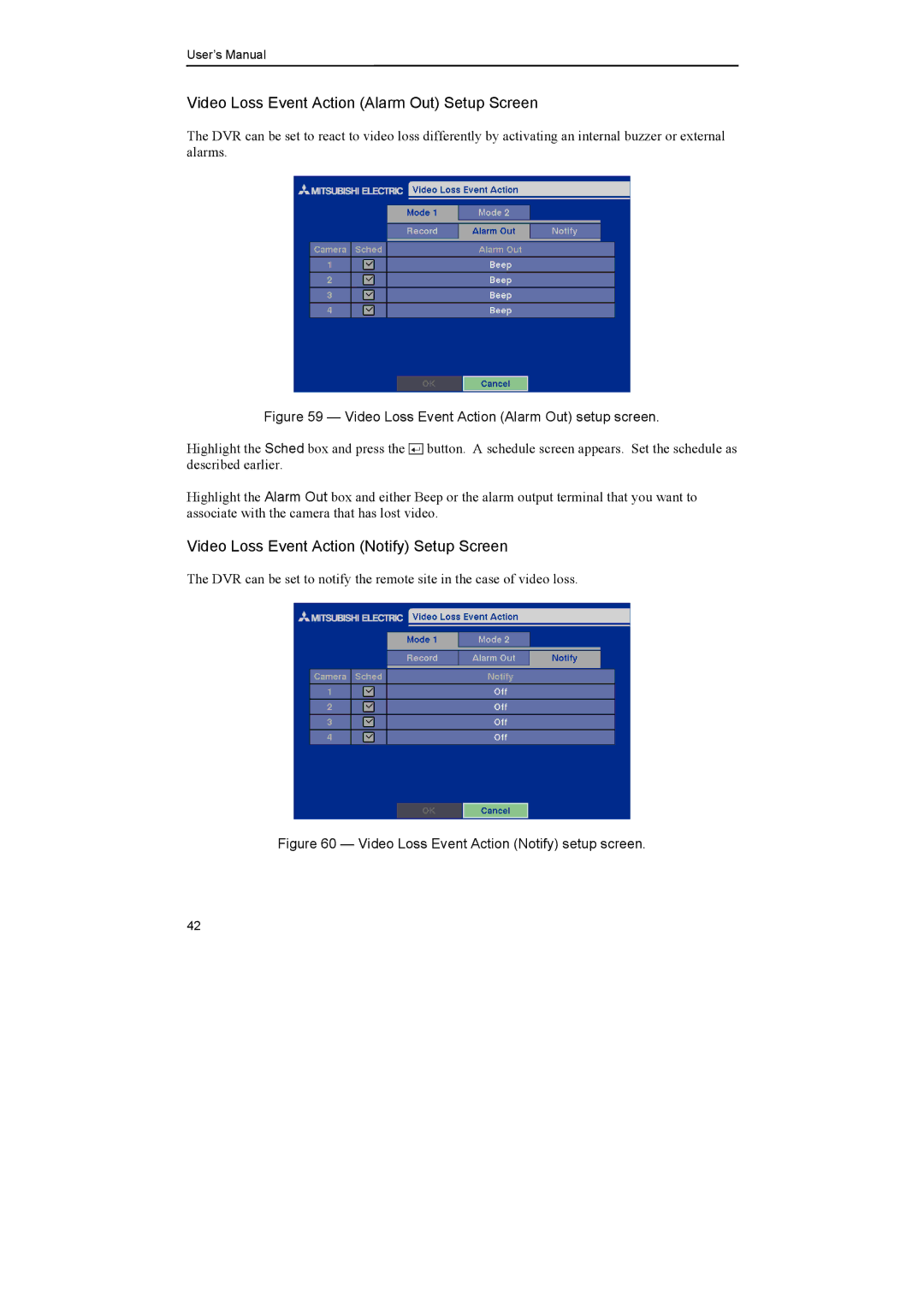 Epson DX-TL4E manual Video Loss Event Action Alarm Out setup screen 