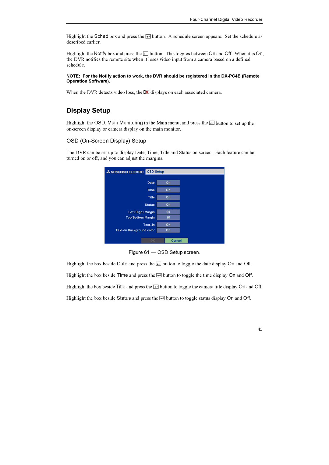 Epson DX-TL4E manual OSD On-Screen Display Setup 