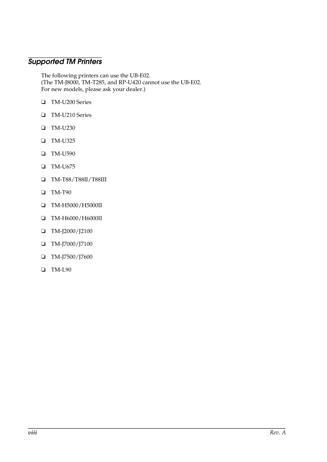 Epson E02 manual Supported TM Printers 