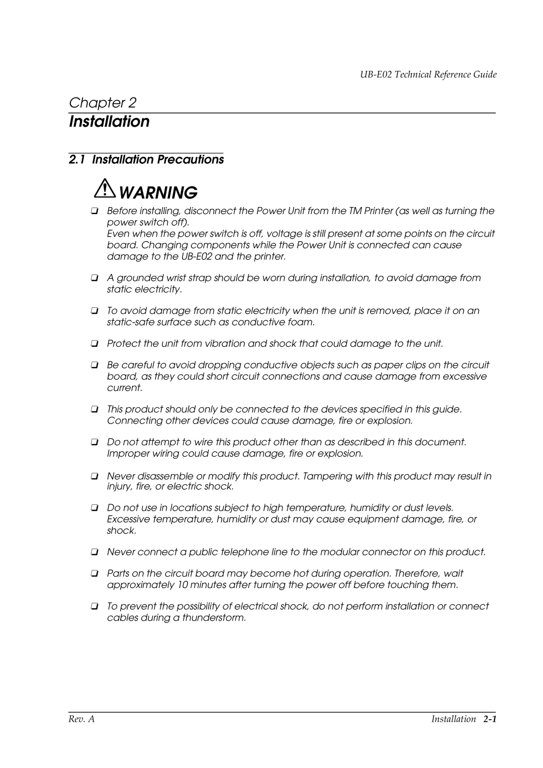 Epson E02 manual Installation Precautions 