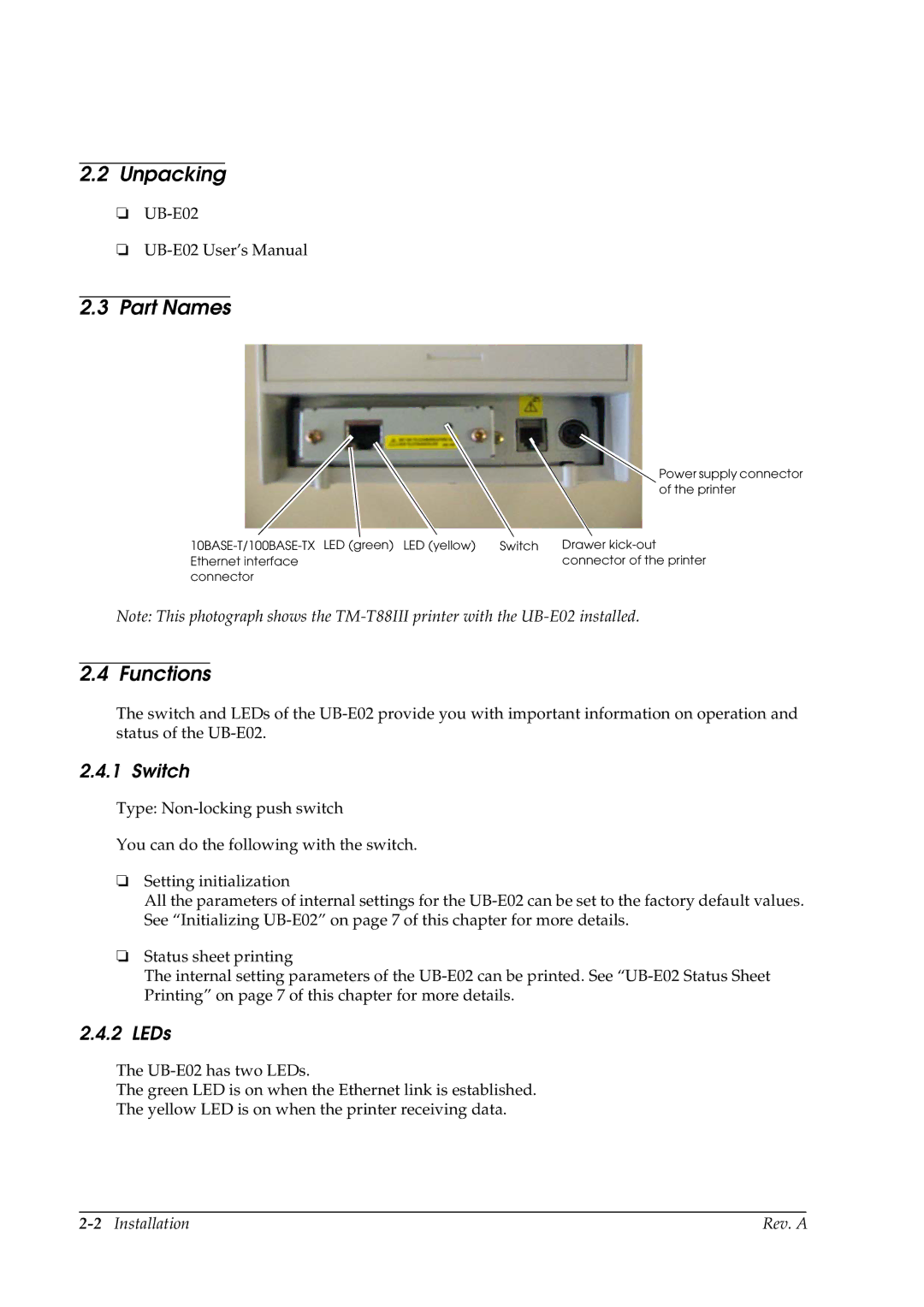 Epson E02 manual Unpacking, Part Names, Functions, Switch, LEDs 