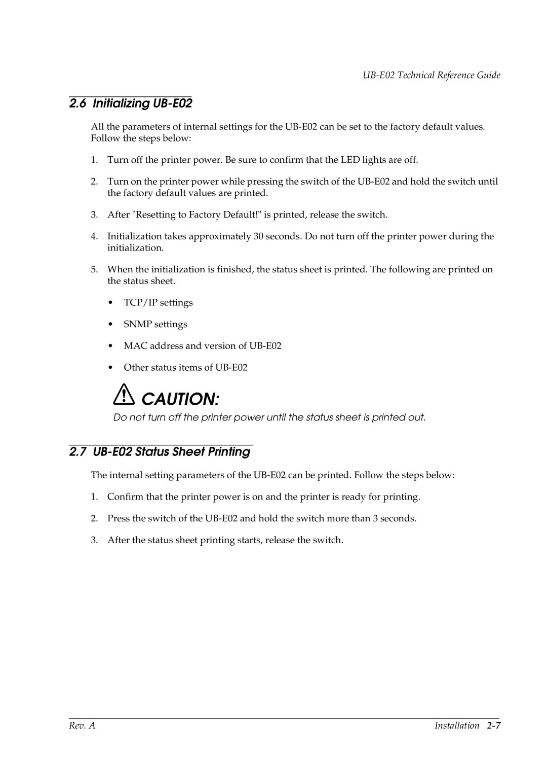 Epson manual Initializing UB-E02, UB-E02 Status Sheet Printing 