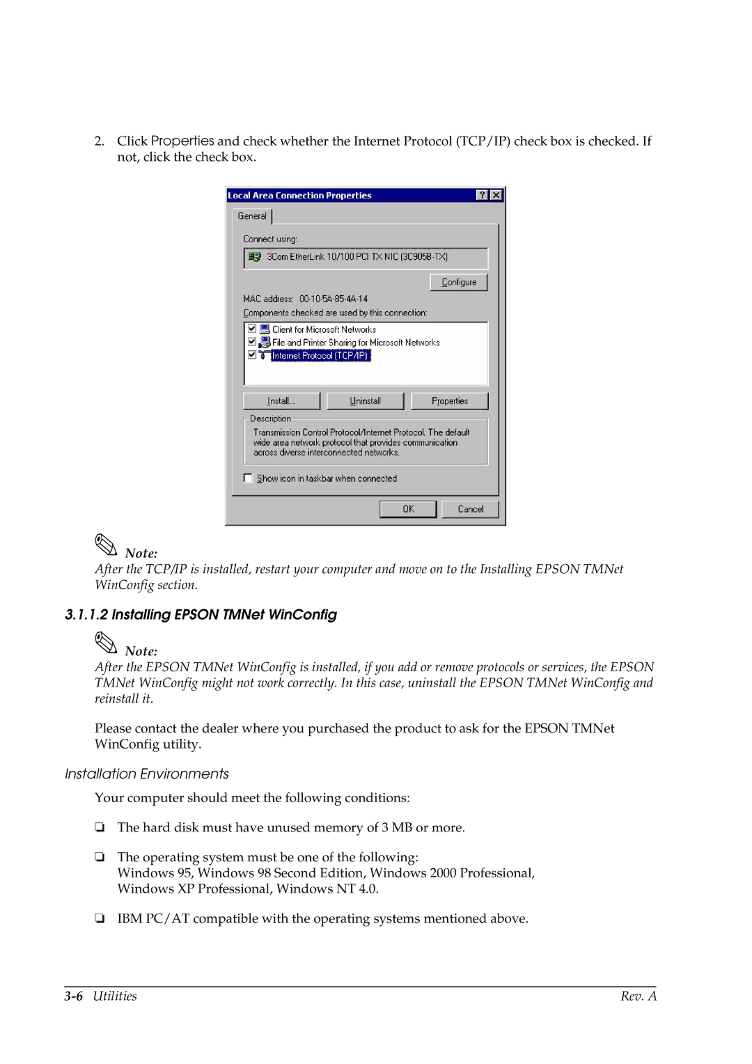 Epson E02 manual Installing Epson TMNet WinConfig, Installation Environments 