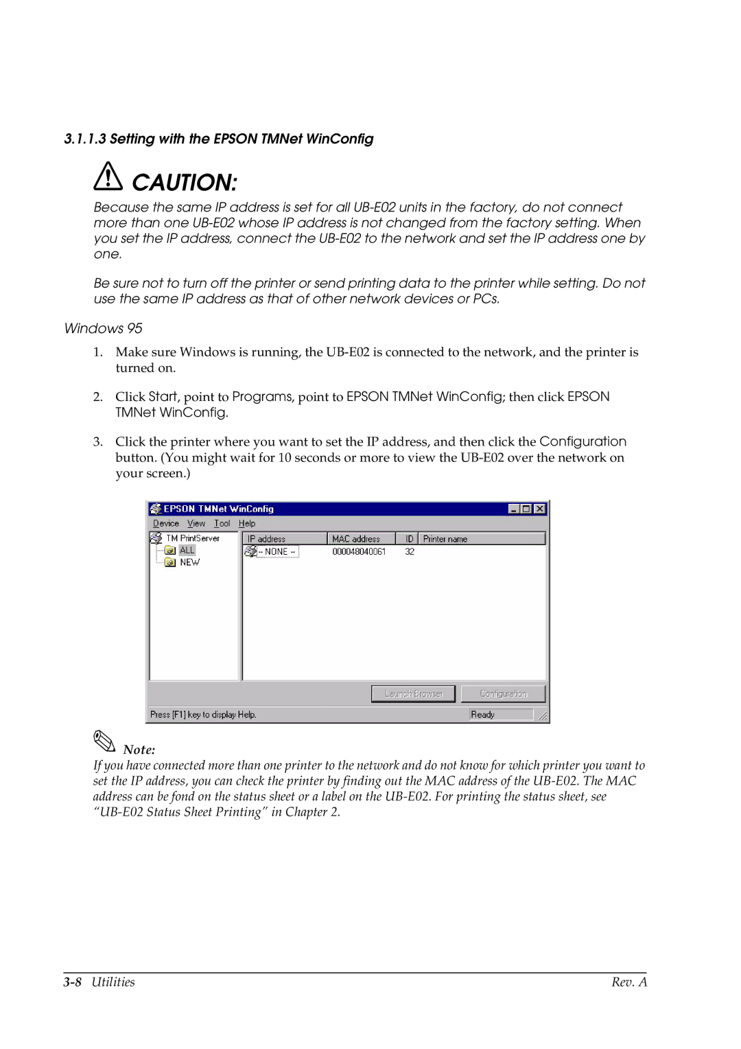 Epson E02 manual Setting with the Epson TMNet WinConfig, Windows 