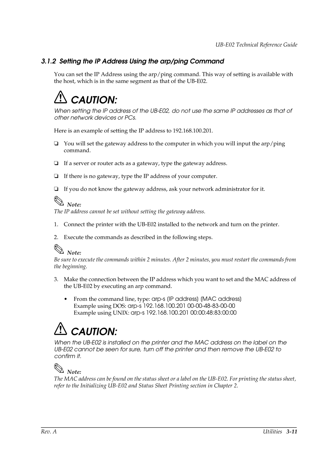 Epson E02 manual Setting the IP Address Using the arp/ping Command 