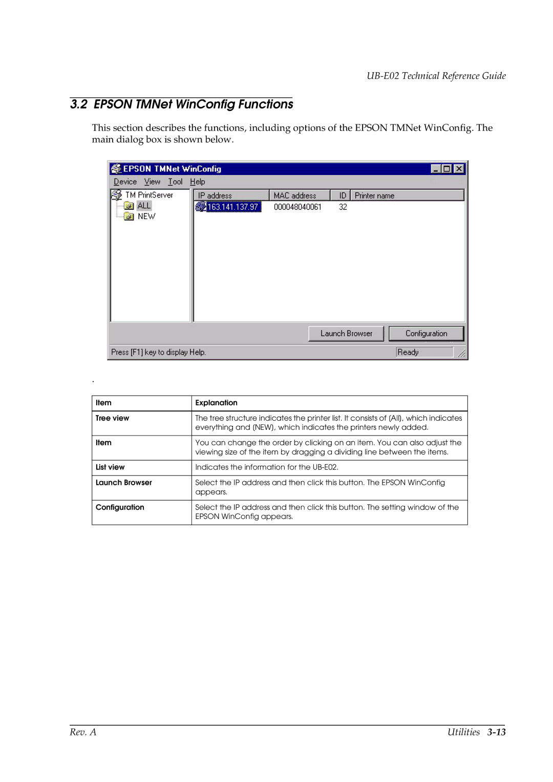 Epson E02 manual Epson TMNet WinConfig Functions 