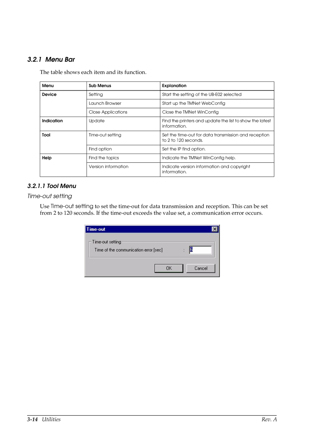 Epson E02 manual Menu Bar, Tool Menu Time-out setting 