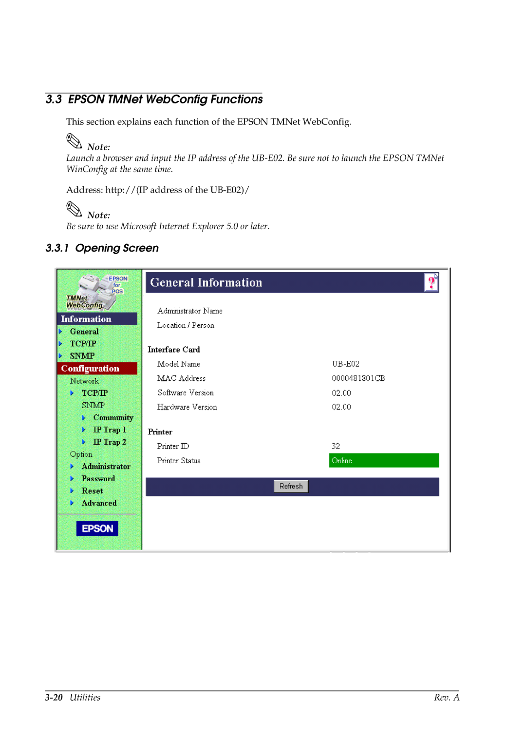 Epson E02 manual Epson TMNet WebConfig Functions, Opening Screen 