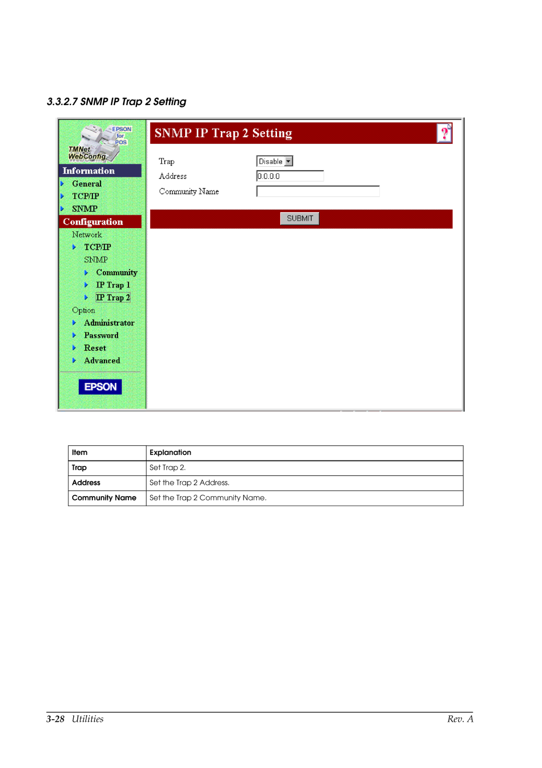 Epson E02 manual Snmp IP Trap 2 Setting 