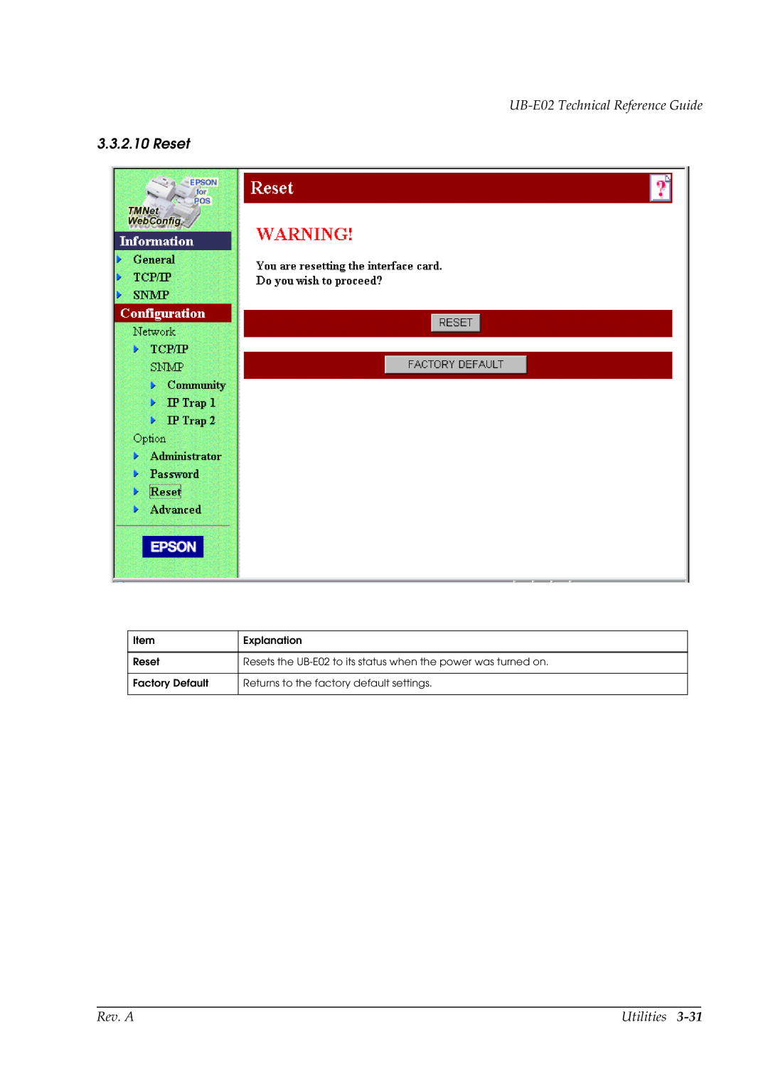 Epson E02 manual Reset 