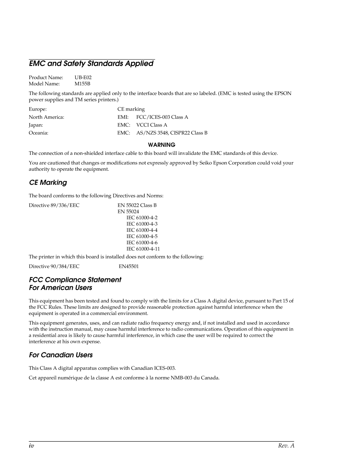 Epson E02 EMC and Safety Standards Applied, CE Marking, FCC Compliance Statement For American Users, For Canadian Users 