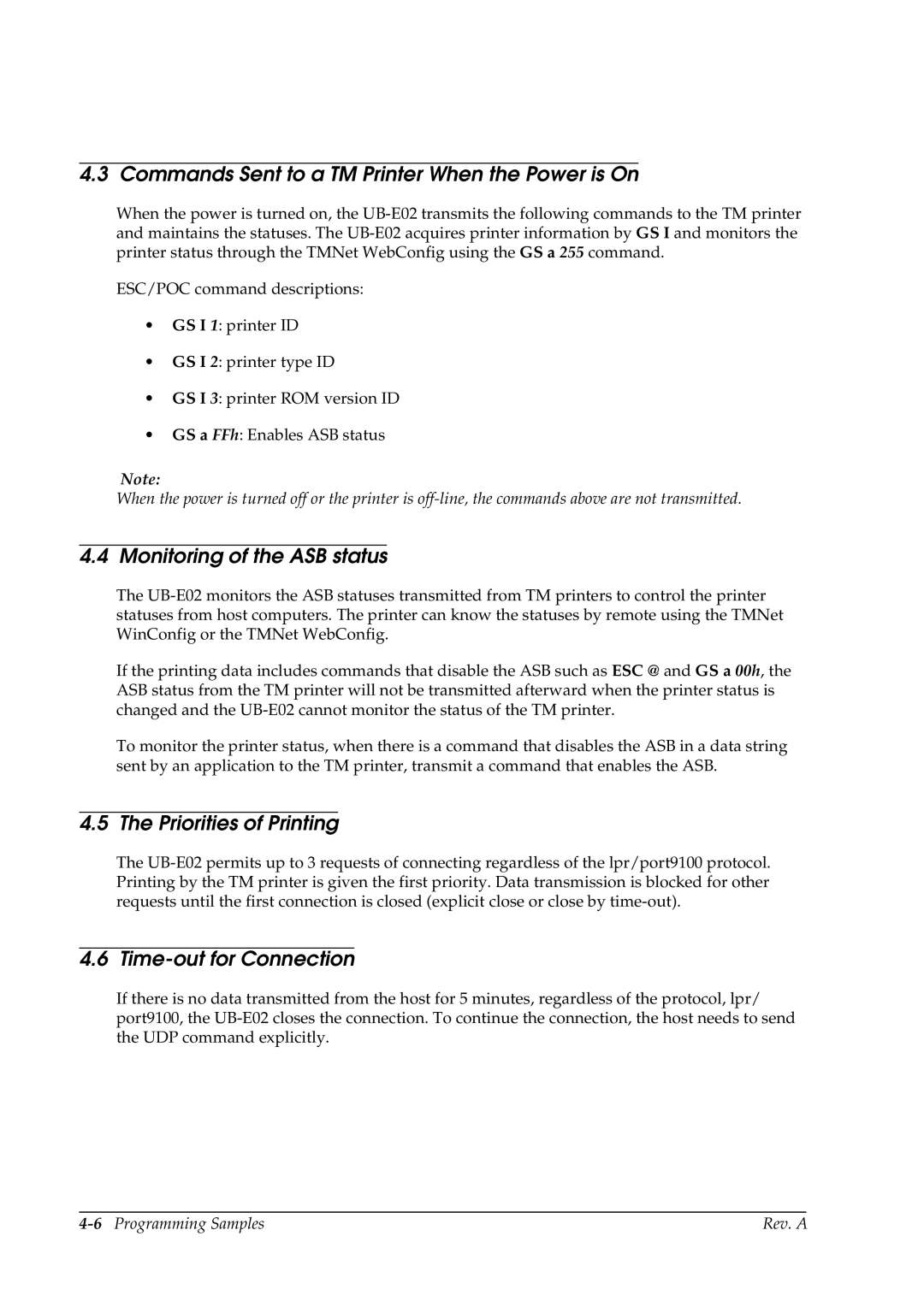 Epson E02 manual Commands Sent to a TM Printer When the Power is On, Monitoring of the ASB status, Priorities of Printing 