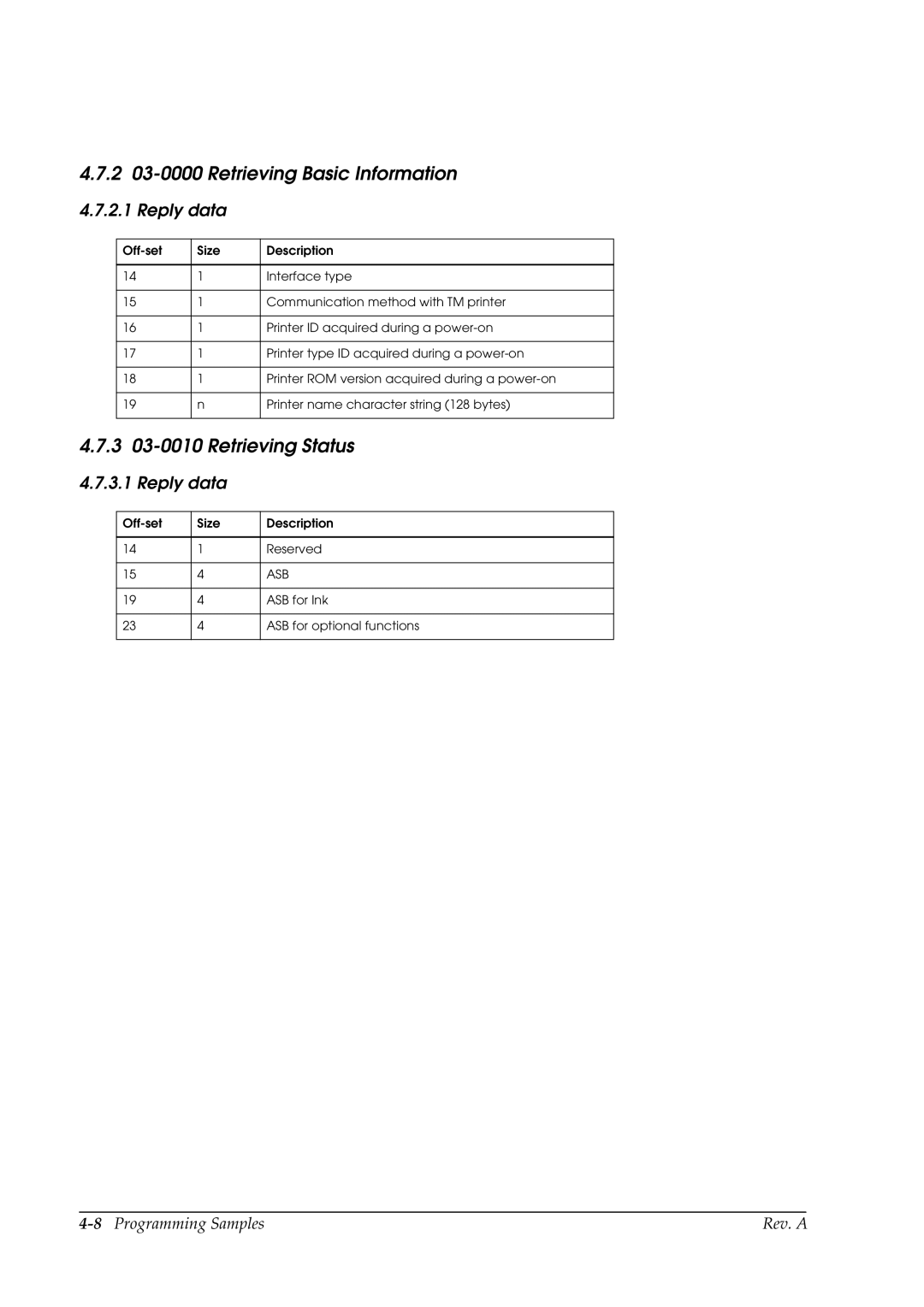 Epson E02 manual 2 03-0000 Retrieving Basic Information, 3 03-0010 Retrieving Status, Reply data 