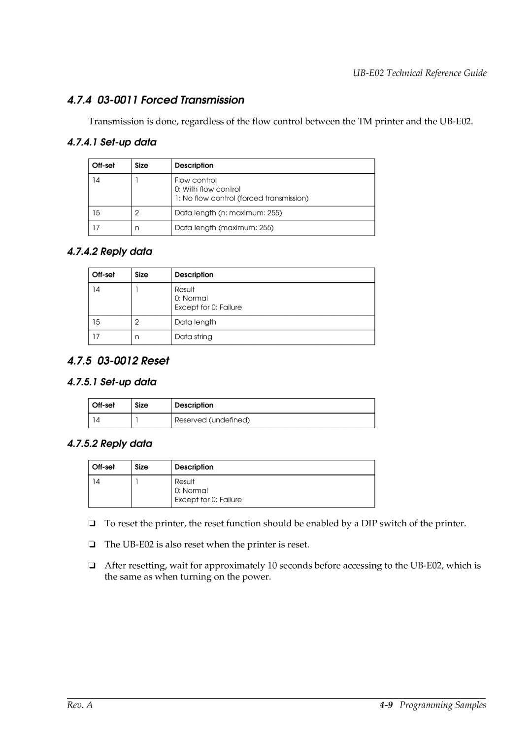 Epson E02 manual 4 03-0011 Forced Transmission, 5 03-0012 Reset, Set-up data 