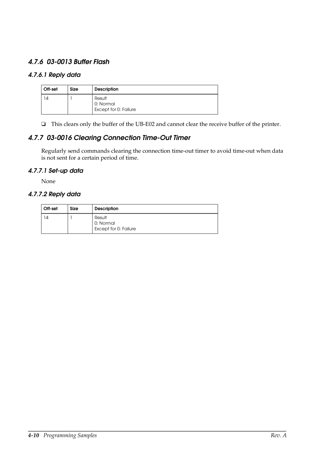 Epson E02 manual 6 03-0013 Buffer Flash, 7 03-0016 Clearing Connection Time-Out Timer 