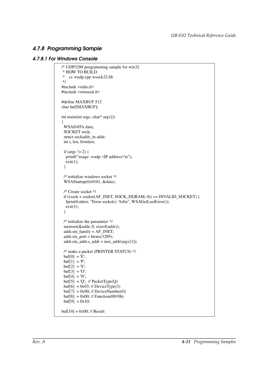 Epson E02 manual Programming Sample, For Windows Console 