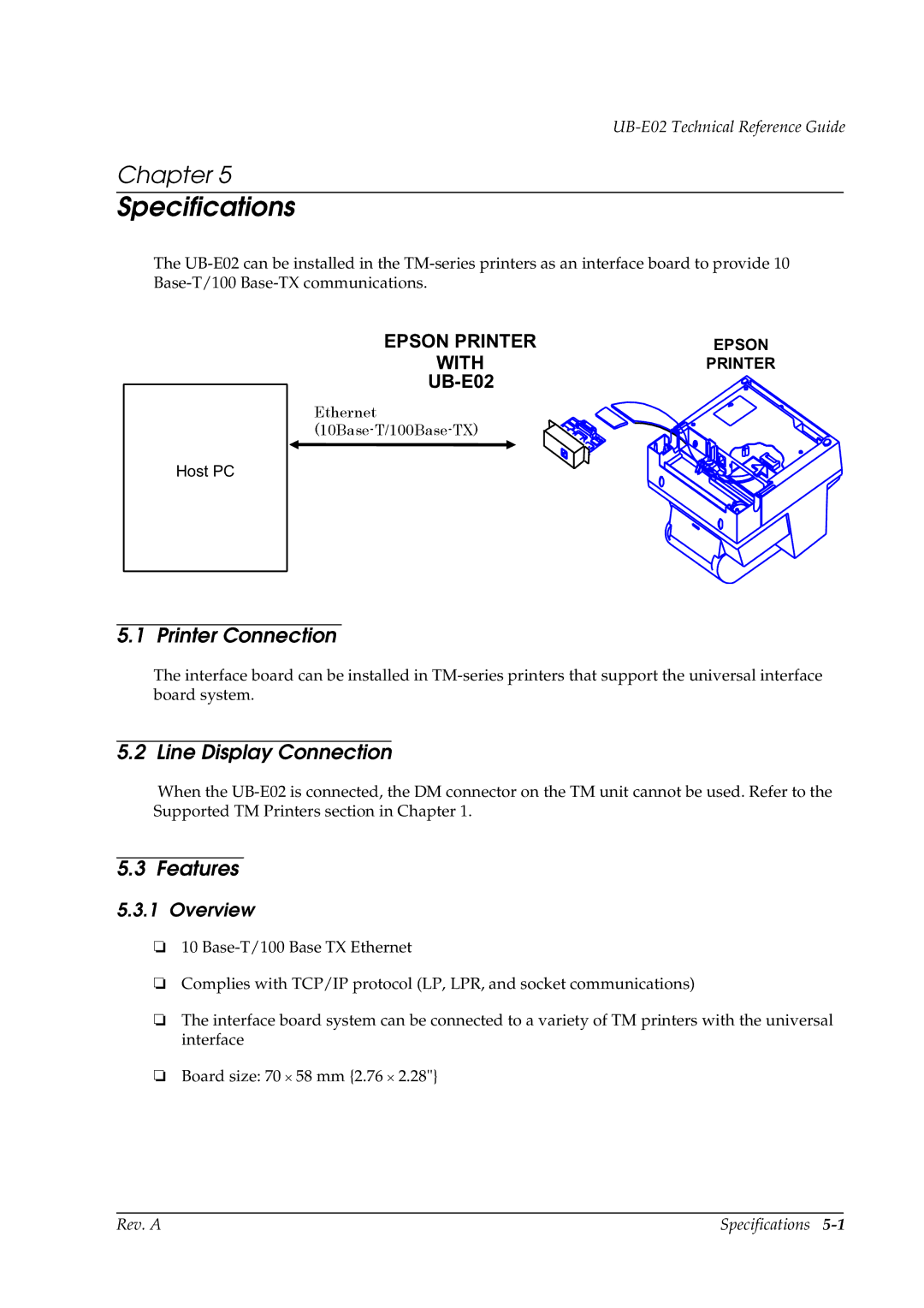 Epson E02 manual Printer Connection, Line Display Connection, Features, Overview 