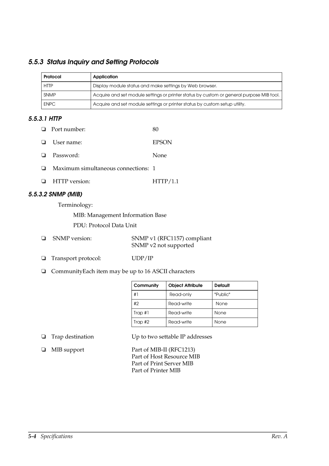 Epson E02 manual Status Inquiry and Setting Protocols, Http, Snmp MIB 