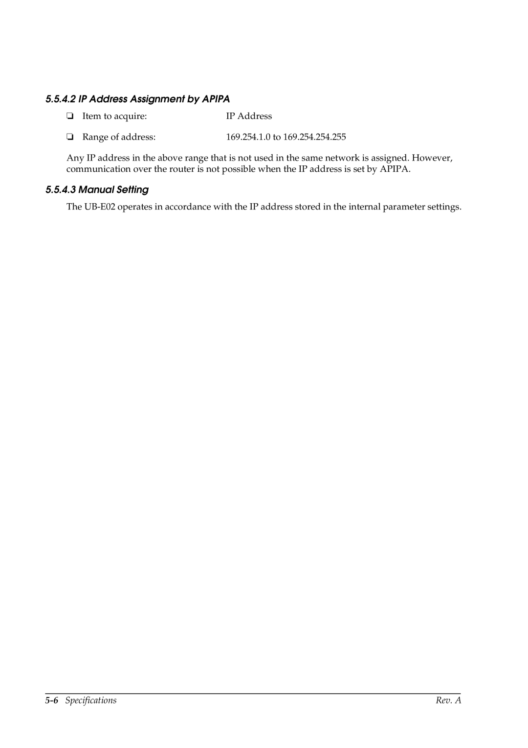 Epson E02 manual IP Address Assignment by Apipa, Manual Setting 