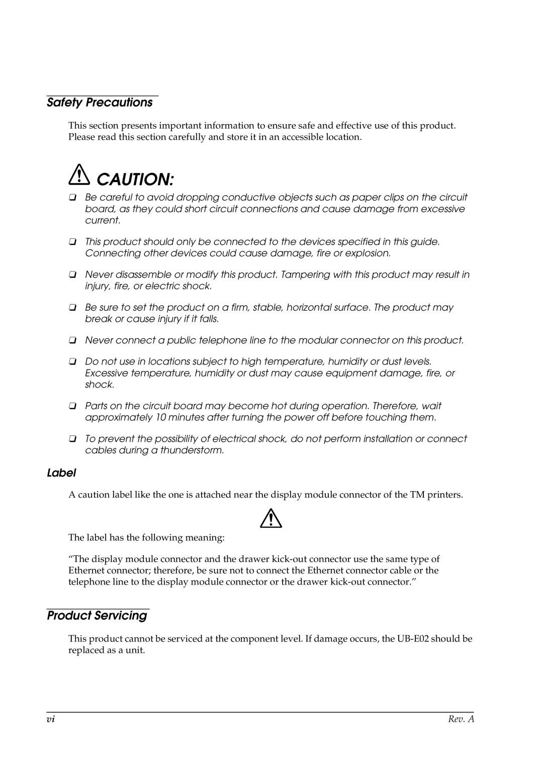 Epson E02 manual Safety Precautions, Product Servicing, Label 