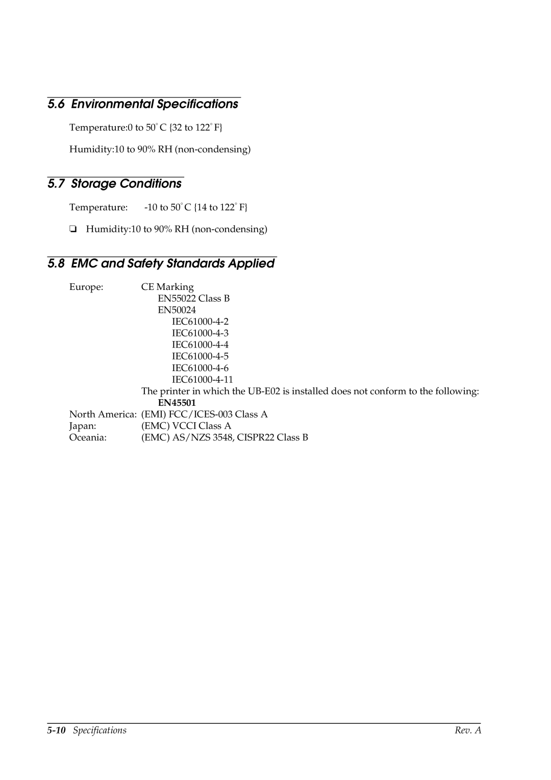 Epson E02 manual Environmental Specifications, Storage Conditions 