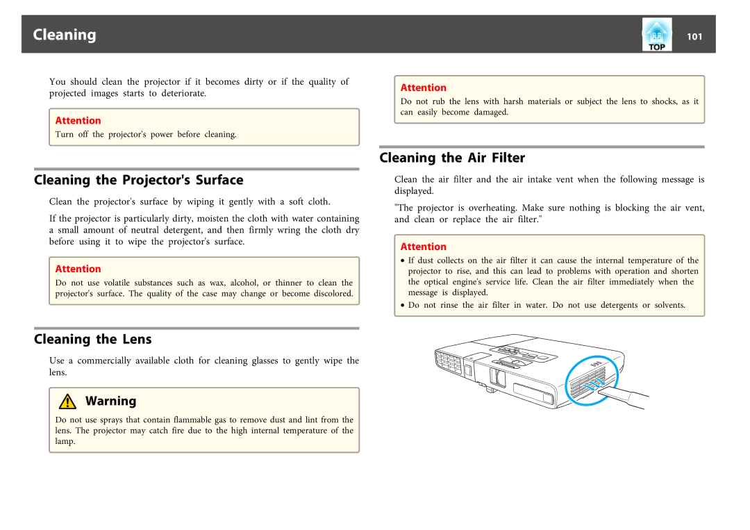 Epson EB-1770W, EB-1750, EB-1760W manual Cleaning the Projectors Surface, Cleaning the Lens, Cleaning the Air Filter, 101 