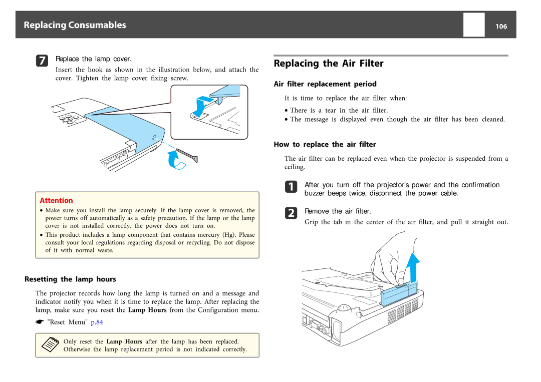 Epson EB-1760W, EB-1750, EB-1770W Replacing the Air Filter, Resetting the lamp hours, Air filter replacement period, 106 