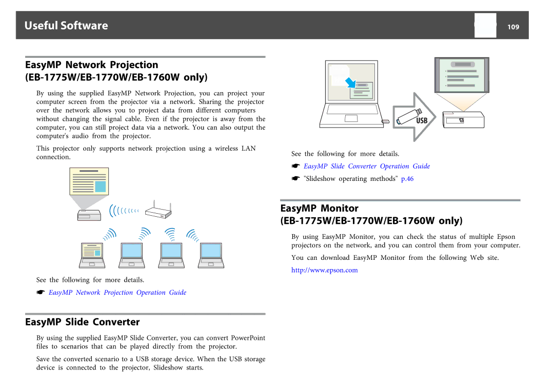 Epson EB-1760W, EB-1750, EB-1770W manual Useful Software, EasyMP Slide Converter, 109 