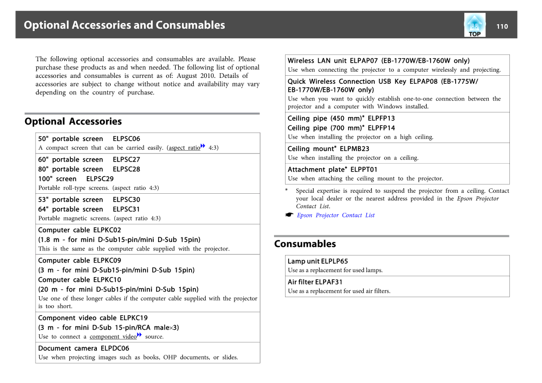 Epson EB-1770W, EB-1750, EB-1760W manual Optional Accessories and Consumables, 110 