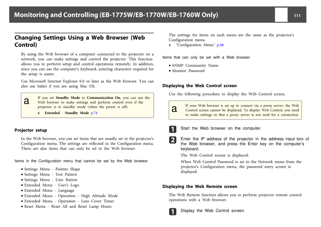 Epson EB-1750 manual Monitoring and Controlling EB-1775W/EB-1770W/EB-1760W Only, Displaying the Web Control screen 