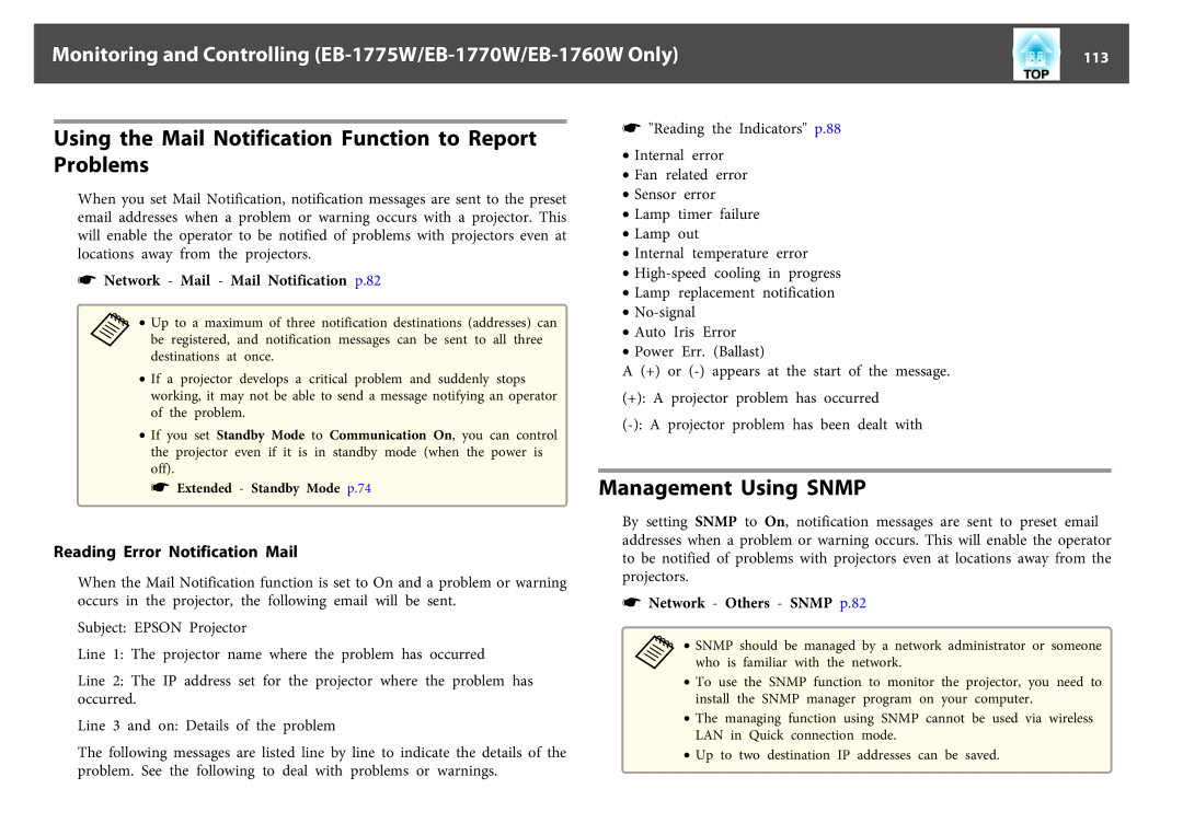 Epson EB-1770W, EB-1750, EB-1760W manual Using the Mail Notification Function to Report Problems, Management Using Snmp, 113 