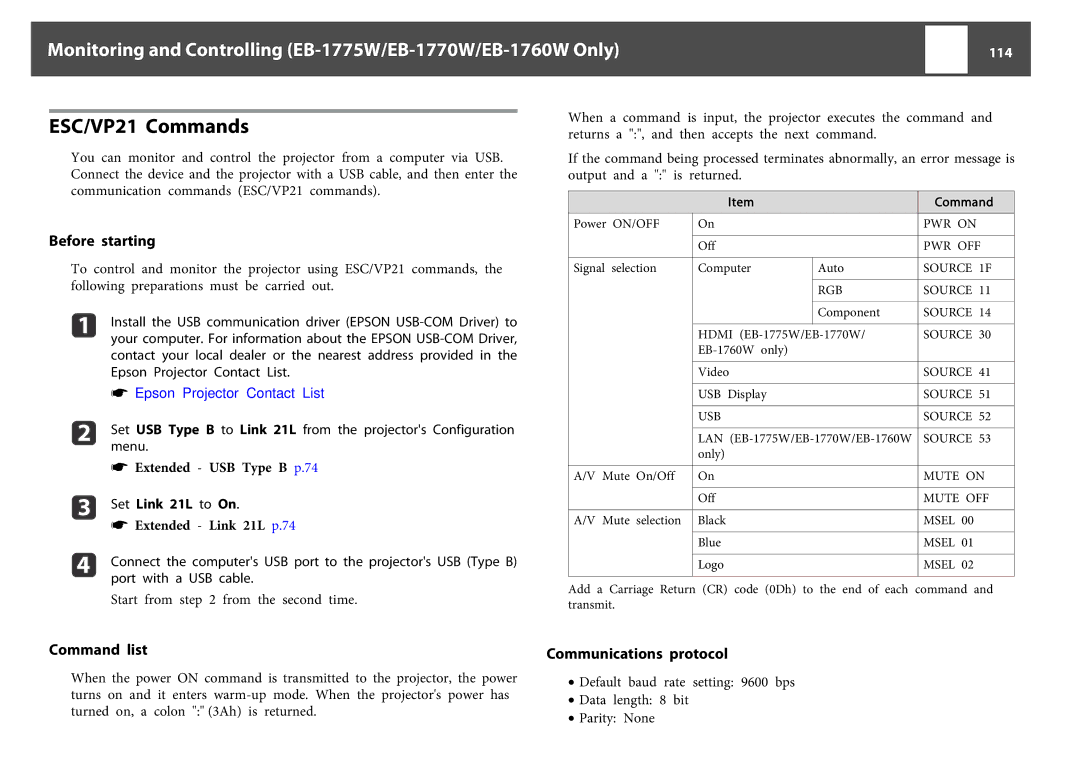 Epson EB-1750, EB-1760W, EB-1770W manual ESC/VP21 Commands, Before starting, Command list, Communications protocol, 114 