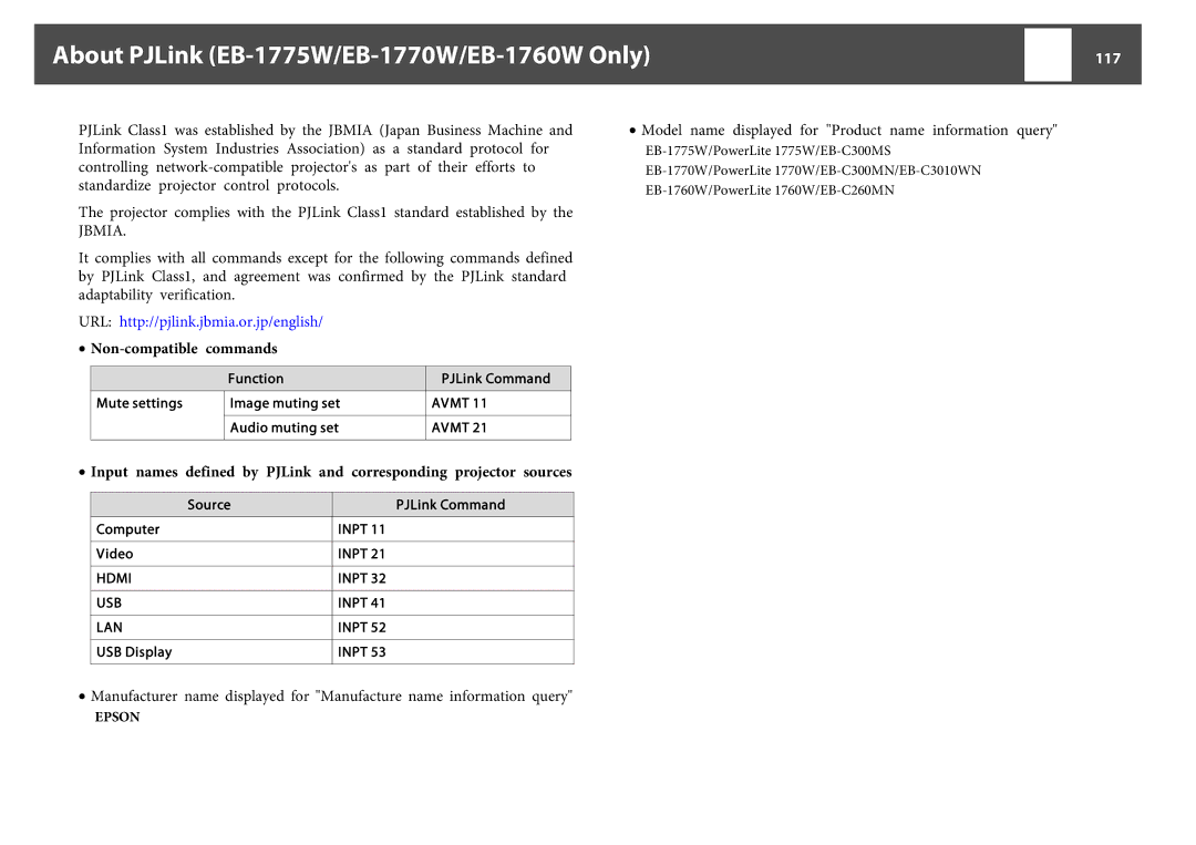 Epson EB-1750 manual About PJLink EB-1775W/EB-1770W/EB-1760W Only, 117, Non-compatible commands 