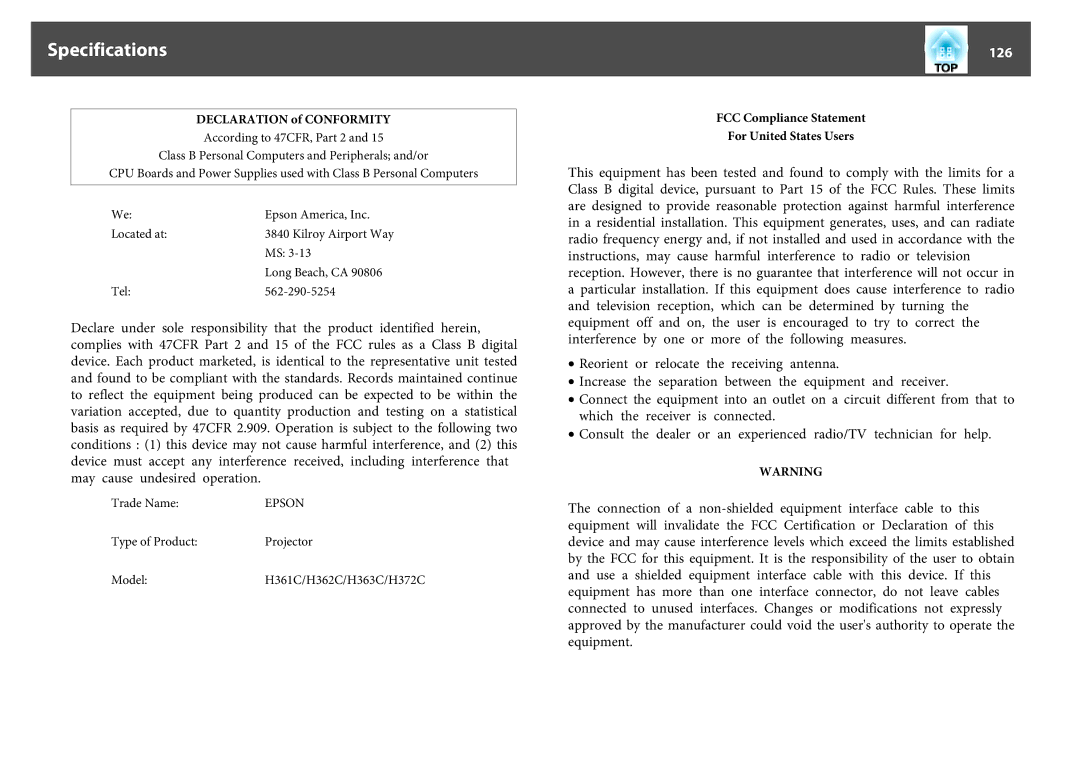 Epson EB-1750, EB-1760W, EB-1770W manual 126, Declaration of Conformity, FCC Compliance Statement For United States Users 