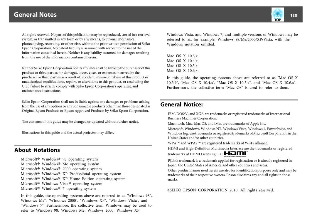 Epson EB-1760W, EB-1750, EB-1770W manual General Notes, About Notations, General Notice, 130 