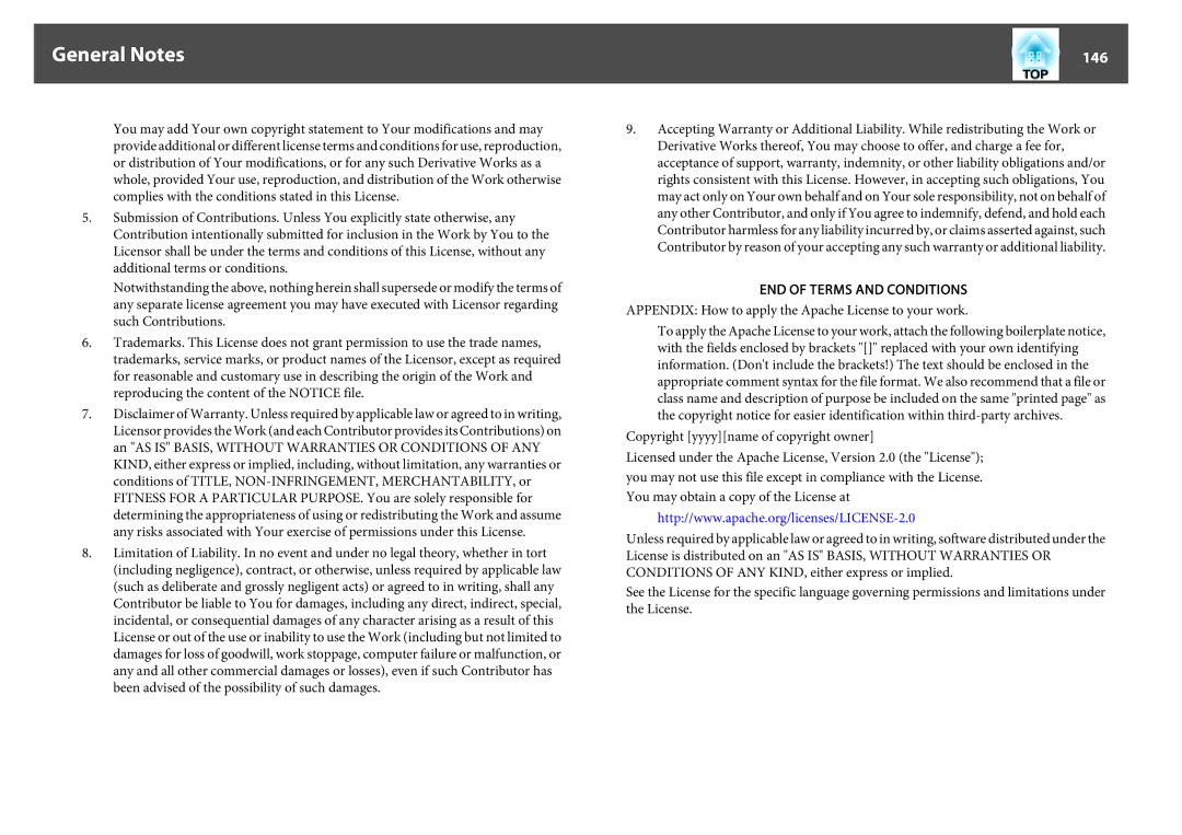 Epson EB-1770W, EB-1750, EB-1760W manual 146, Appendix How to apply the Apache License to your work 