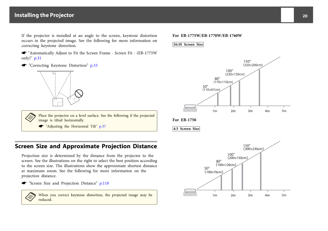 Epson manual Screen Size and Approximate Projection Distance, Installing the Projector, For EB-1775W/EB-1770W/EB-1760W 