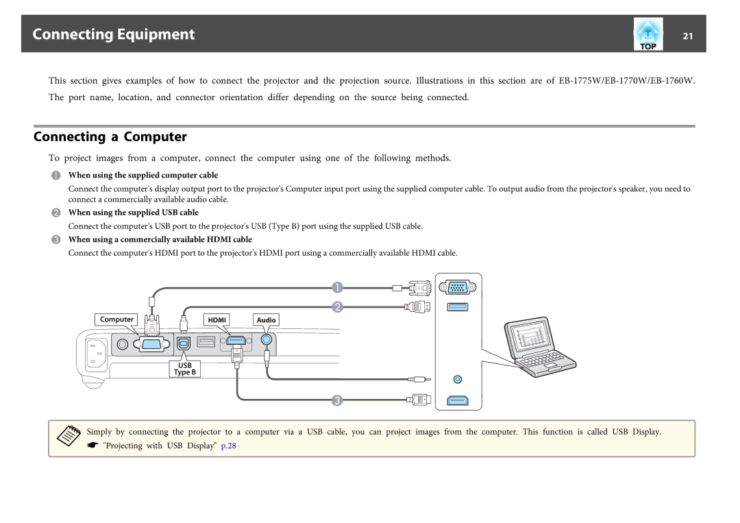 Epson EB-1750, EB-1760W, EB-1770W manual Connecting Equipment, Connecting a Computer, When using the supplied computer cable 