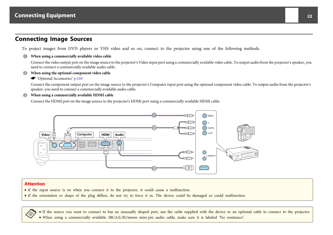 Epson EB-1760W, EB-1750 Connecting Image Sources, Connecting Equipment, When using a commercially available video cable 