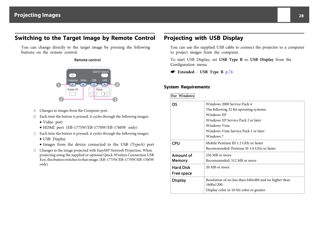 Epson EB-1760W, EB-1750 Switching to the Target Image by Remote Control, Projecting with USB Display, System Requirements 