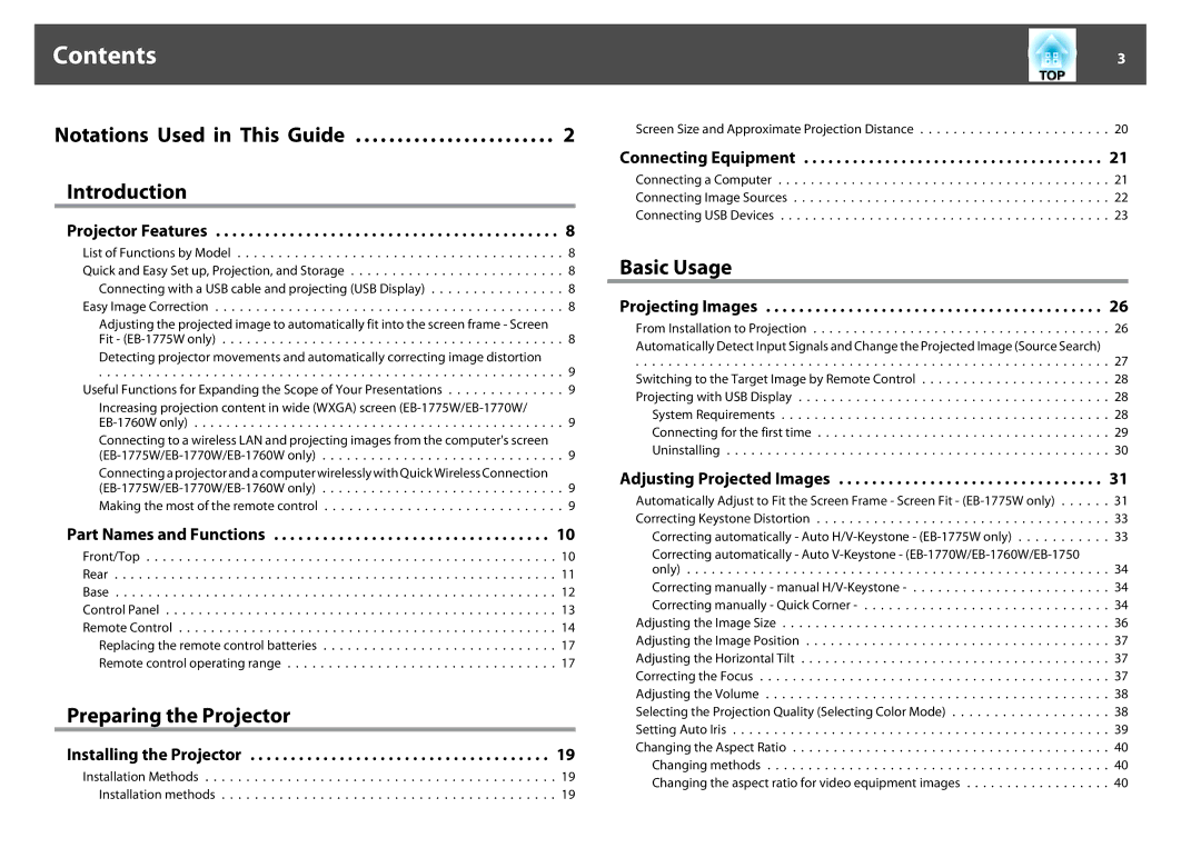 Epson EB-1750, EB-1760W, EB-1770W manual Contents 