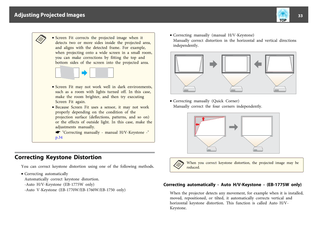 Epson EB-1750, EB-1760W, EB-1770W Correcting Keystone Distortion, Correcting automatically Auto H/V-Keystone EB-1775W only 