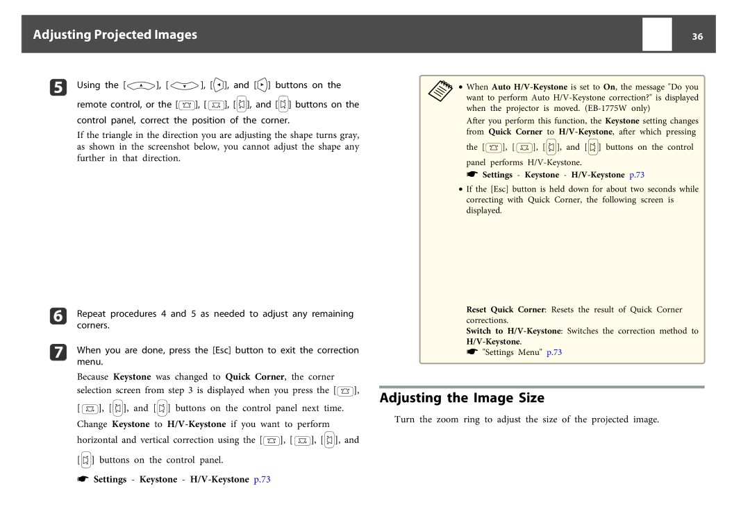 Epson EB-1750, EB-1760W, EB-1770W manual Adjusting the Image Size, Settings Keystone H/V-Keystone p.73 