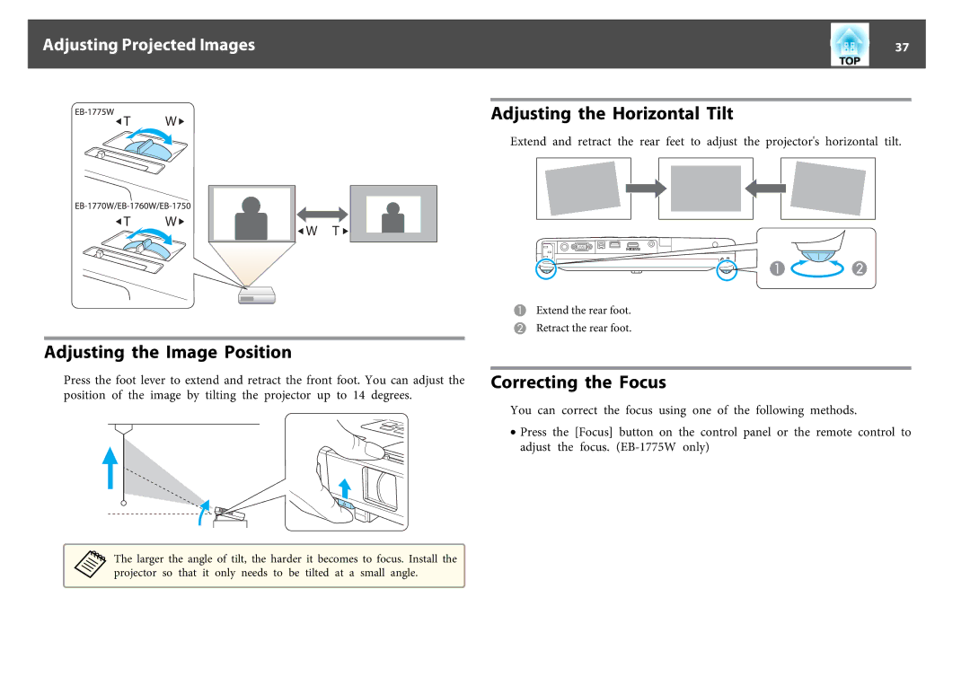 Epson EB-1760W, EB-1750, EB-1770W manual Adjusting the Image Position, Adjusting the Horizontal Tilt, Correcting the Focus 