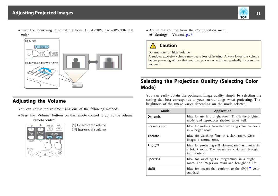 Epson EB-1770W, EB-1750 Adjusting the Volume, Selecting the Projection Quality Selecting Color Mode, Settings Volume p.73 
