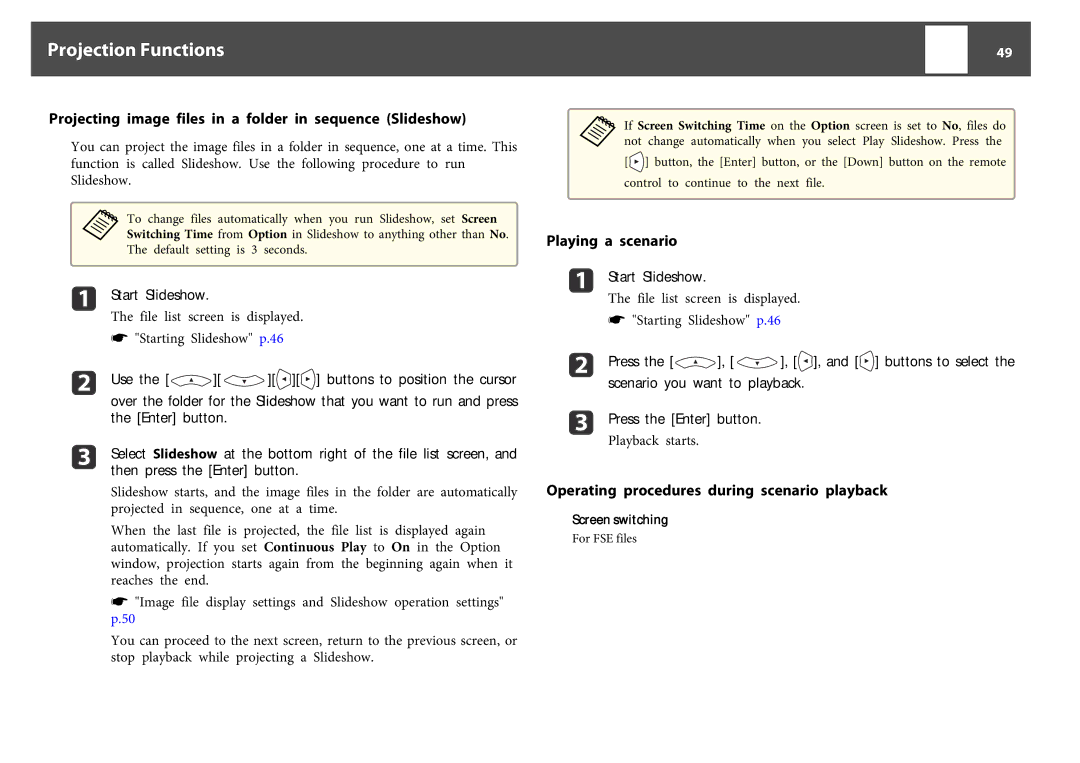 Epson EB-1760W, EB-1750 Projecting image files in a folder in sequence Slideshow, Playing a scenario, Screen switching 